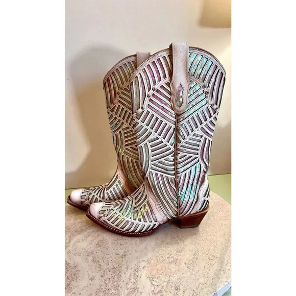 Coral Womens Ivory Pink Sequins Rhinestone Leather Cowgirl Western Boots Size 7M - Picture 5 of 12